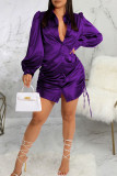 Blue Casual Solid Patchwork Draw String Buckle Turndown Collar Shirt Dress Dresses
