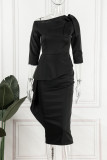Blue Casual Solid Patchwork Oblique Collar Irregular Dress Dresses