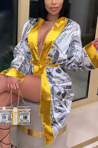 Yellow Fashion Casual V Neck Long Sleeve Regular Sleeve Print Coats