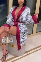 Wine Red Fashion Casual V Neck Long Sleeve Regular Sleeve Print Coats