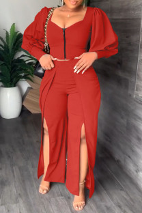 Red Casual Solid Patchwork Slit Zipper Square Collar Long Sleeve Two Pieces