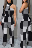 Blue White Casual Print Hollowed Out Patchwork Half A Turtleneck Straight Jumpsuits