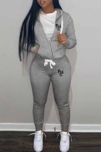 Grey Sportswear Print Letter Hooded Collar Long Sleeve Two Pieces