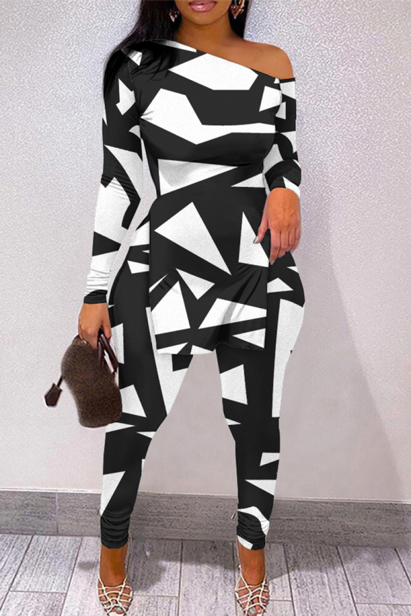 Black Street Print Patchwork One Shoulder Long Sleeve Two Pieces