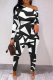 Black Street Print Patchwork One Shoulder Long Sleeve Two Pieces