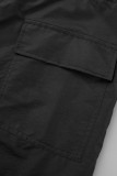 Black Casual Street Solid Patchwork Pocket Loose Low Waist Wide Leg Solid Color Bottoms