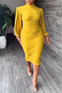 Yellow Casual Elegant Solid Patchwork Half A Turtleneck One Step Skirt Dresses