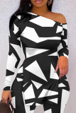 Black Street Print Patchwork One Shoulder Long Sleeve Two Pieces