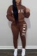Coffee Casual Print Letter Hooded Collar Long Sleeve Two Pieces