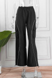 Black Casual Street Sportswear Solid Patchwork Loose Mid Waist Wide Leg Solid Color Bottoms