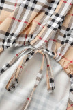 Brown Casual Print Patchwork Draw String Buckle Turndown Collar Shirt Dress Dresses