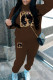Dark Brown Casual Print Patchwork Hooded Collar Long Sleeve Two Pieces