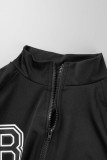 Coffee Casual Letter Print Patchwork Zipper Collar Long Sleeve Two Pieces