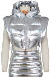 Silver Casual Solid Bandage Patchwork Zipper Hooded Collar Outerwear