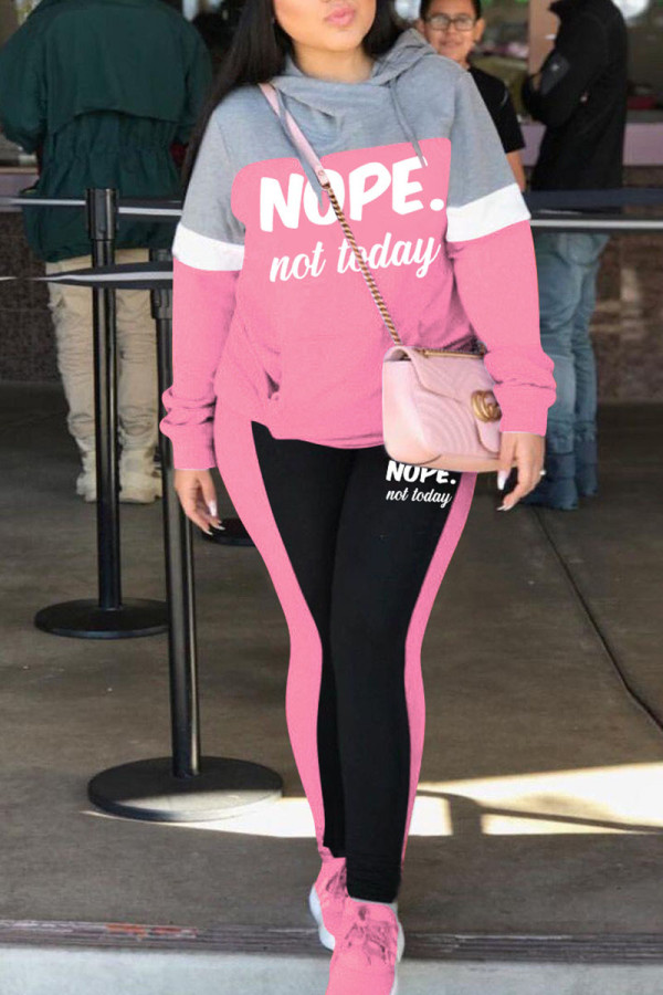 Pink Casual Print Patchwork Hooded Collar Long Sleeve Two Pieces