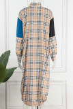 Brown Casual Print Patchwork Draw String Buckle Turndown Collar Shirt Dress Dresses
