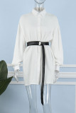 White Casual Solid Patchwork Buckle With Belt Turndown Collar Shirt Dress Dresses