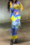 Colour Sexy Print Patchwork O Neck One Step Skirt Dresses