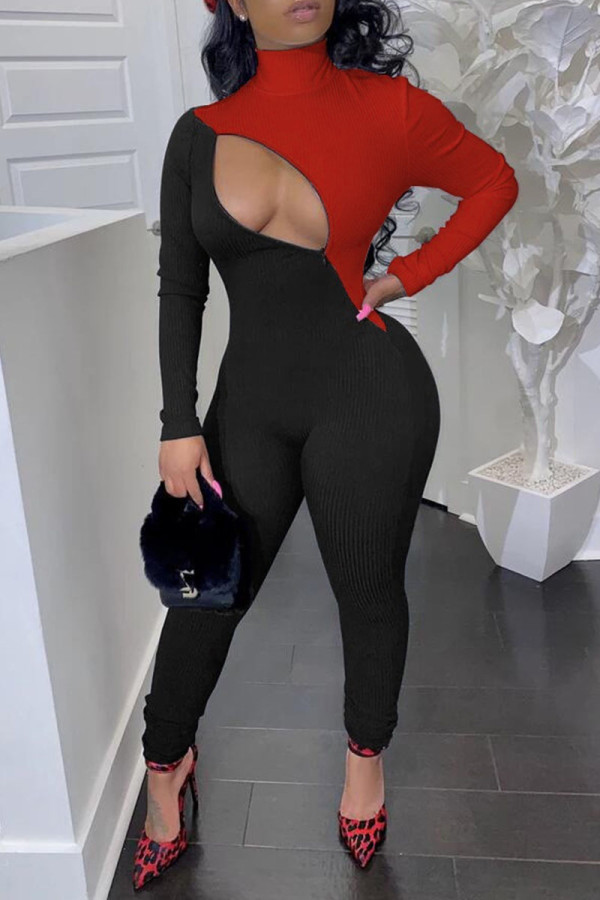 Red Black Casual Solid Hollowed Out Patchwork Zipper Half A Turtleneck Skinny Jumpsuits