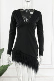 Black Sexy Solid Patchwork Feathers Asymmetrical V Neck Evening Dress Dresses