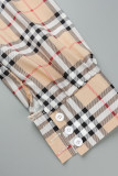 Brown Casual Print Patchwork Draw String Buckle Turndown Collar Shirt Dress Dresses
