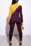 Burgundy Casual Solid Hollowed Out Patchwork Zipper Half A Turtleneck Skinny Jumpsuits