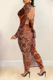 Colour Sexy Print Patchwork See-through O Neck Pencil Skirt Dresses