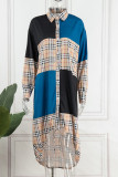 Brown Casual Print Patchwork Draw String Buckle Turndown Collar Shirt Dress Dresses