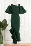 Ink Green Sexy Solid Hollowed Out Patchwork O Neck Evening Dress Dresses