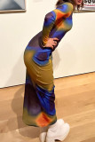 Colour Sexy Print Patchwork O Neck One Step Skirt Dresses