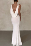 White Elegant Solid Patchwork Backless Asymmetrical O Neck Evening Dress Dresses