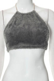 Grey Sexy Solid Bandage Patchwork Backless Halter Tops