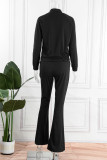 Coffee Casual Letter Print Patchwork Zipper Collar Long Sleeve Two Pieces