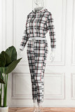 White Casual Plaid Print Patchwork Hooded Collar Long Sleeve Two Pieces