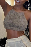 Grey Sexy Solid Bandage Patchwork Backless Halter Tops
