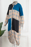 Brown Casual Print Patchwork Draw String Buckle Turndown Collar Shirt Dress Dresses