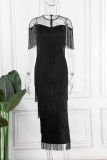 Blue Sexy Formal Solid Tassel Patchwork See-through O Neck Short Sleeve Dress Dresses