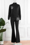 Coffee Casual Letter Print Patchwork Zipper Collar Long Sleeve Two Pieces