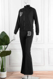 Coffee Casual Letter Print Patchwork Zipper Collar Long Sleeve Two Pieces