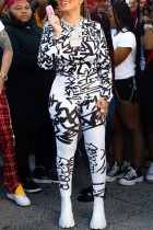 White Casual Print Basic O Neck Long Sleeve Two Pieces