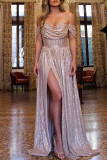 Pink Elegant Solid Sequins Patchwork Slit Fold Strapless Evening Dress Dresses