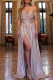Pink Elegant Solid Sequins Patchwork Slit Fold Strapless Evening Dress Dresses