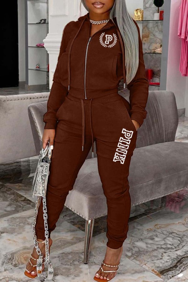 Coffee Casual Letter Print Patchwork Hooded Collar Long Sleeve Two Pieces