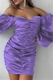 Purple Sexy Solid Patchwork Backless Fold Off the Shoulder Long Sleeve Dresses