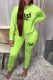 Fluorescent Green Casual Print Fold Letter O Neck Long Sleeve Two Pieces