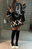Black Casual Print Basic O Neck Long Sleeve Dresses
