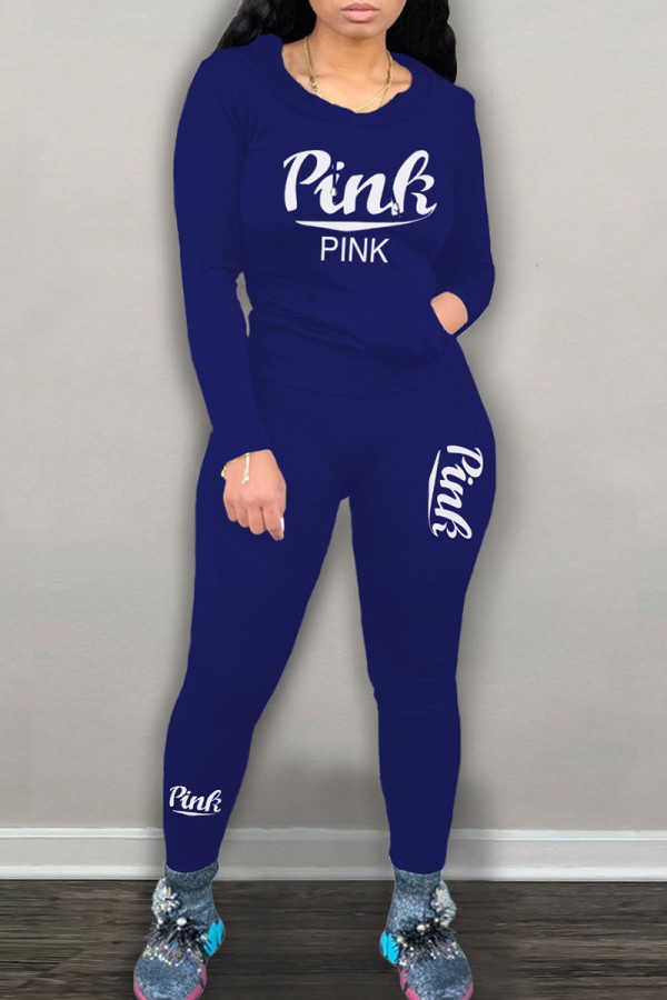 Deep Blue Casual Print Patchwork Hooded Collar Long Sleeve Two Pieces