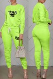 Fluorescent Green Casual Print Fold Letter O Neck Long Sleeve Two Pieces