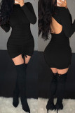 Black Casual Solid Backless Fold O Neck Long Sleeve Dresses