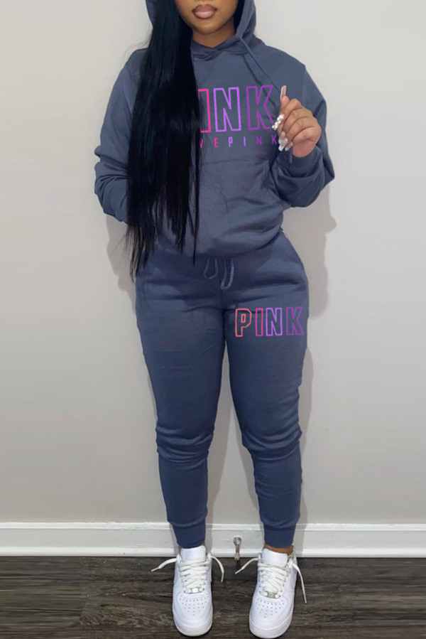 Navy Casual Letter Print Basic Hooded Collar Long Sleeve Two Pieces